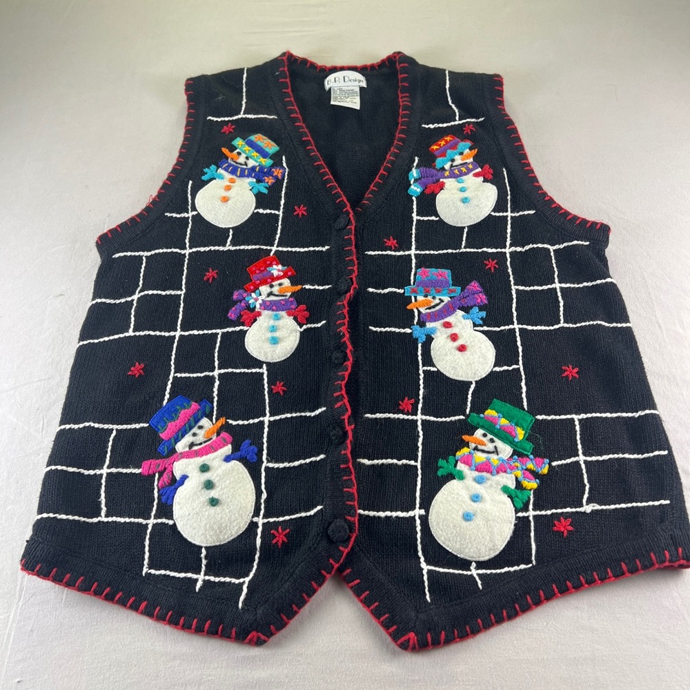 B.P. Design Womens Snowman Holiday Sweater Vest Black Knit Ramie Cotton Large
